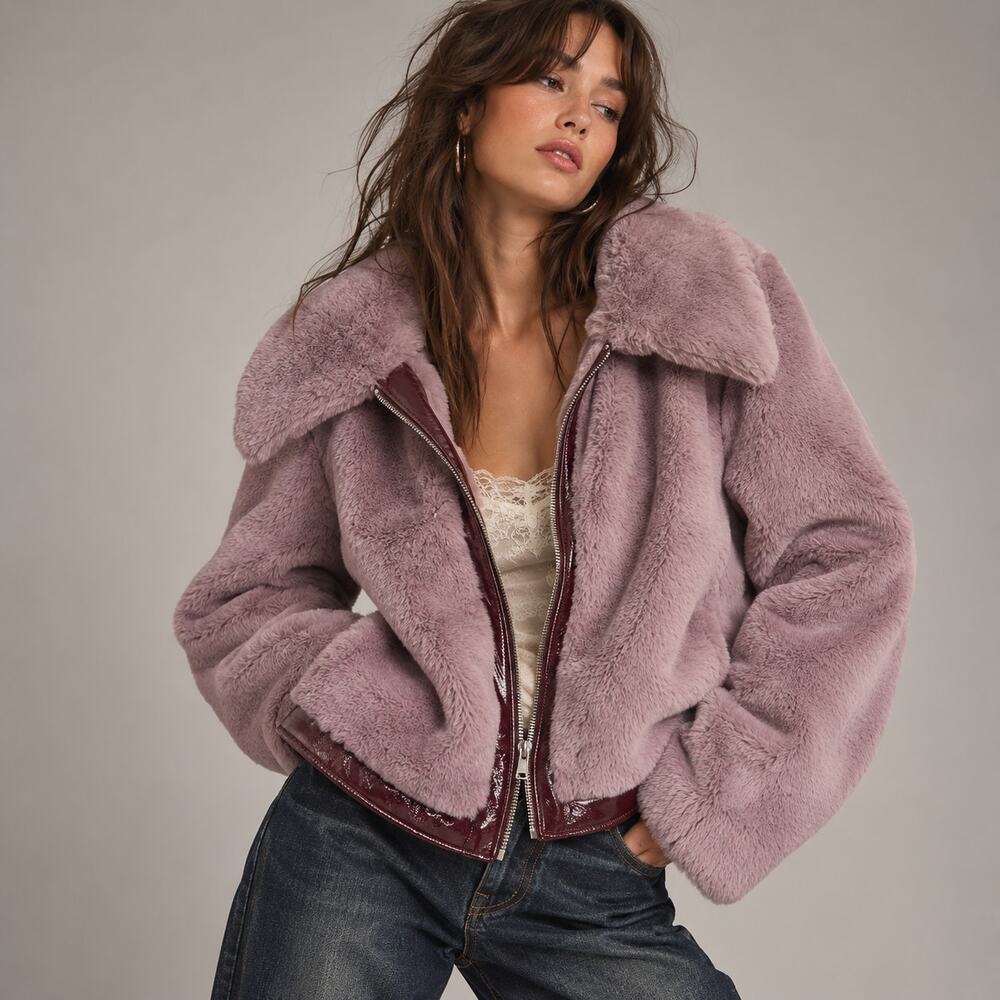 Maeve Anthropologie Mauve Faux Fur Patent Leather Trim Jacket S Retro Glam Y2K